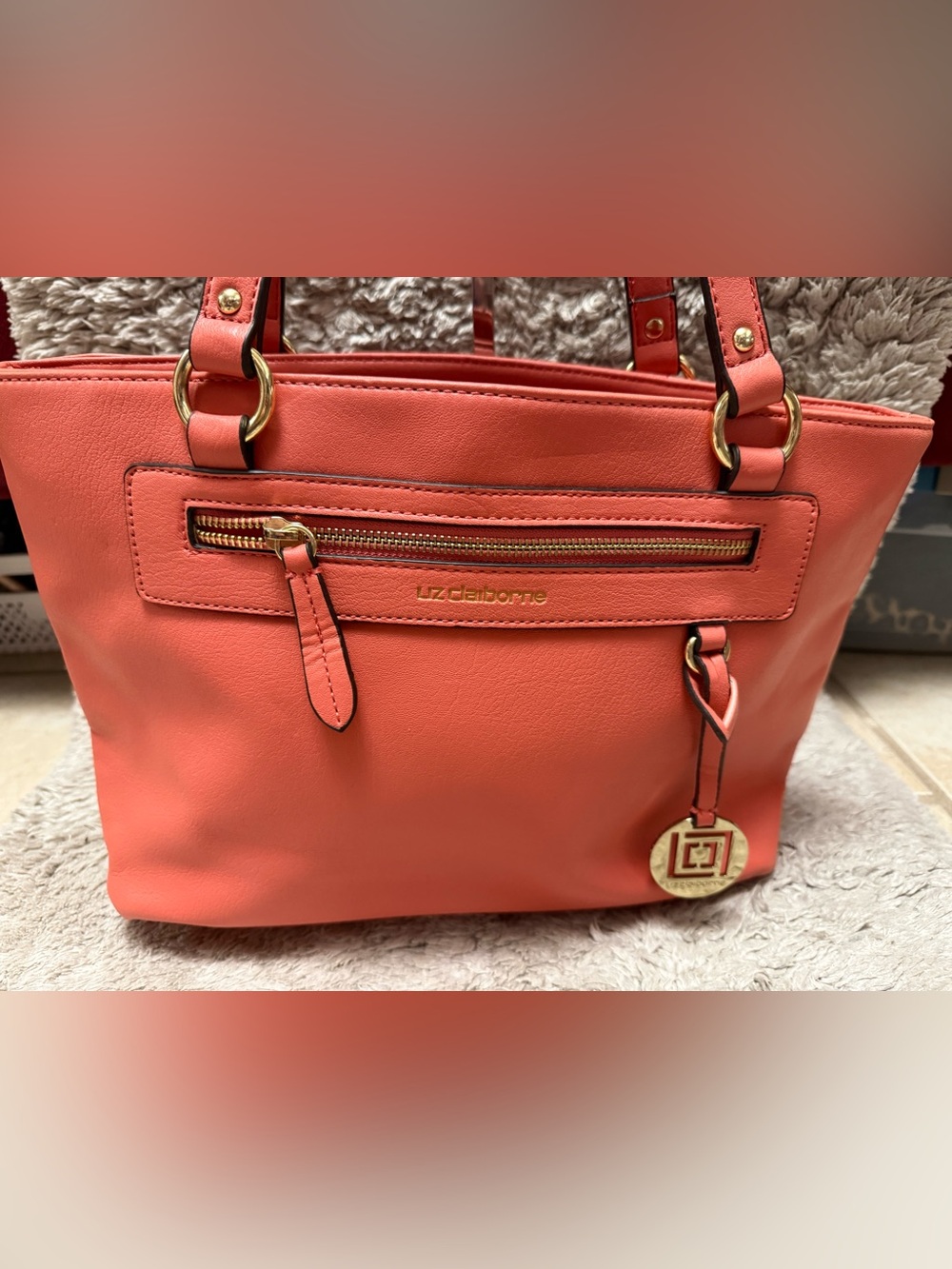 Liz Claiborne Coral-Pink Shoulder Tote with Gold Hardware